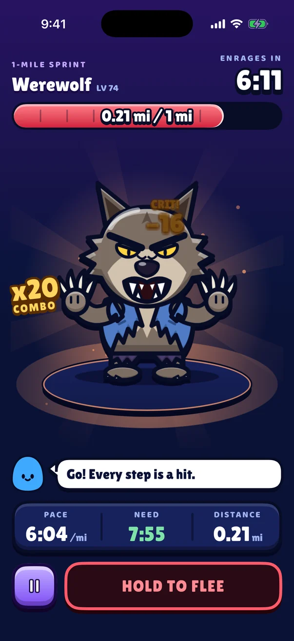 A monster battle: the Werewolf takes hits as you run, with a 20-hit combo and your pace ahead of what you need