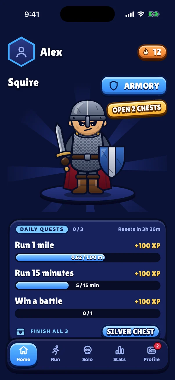 Run Arena's home screen: your knight, your streak and today's three quests