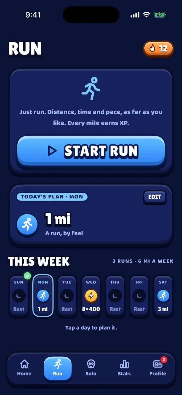 The Run tab: a big start button, today's planned run of 1 mile, and a week of run days and rest days